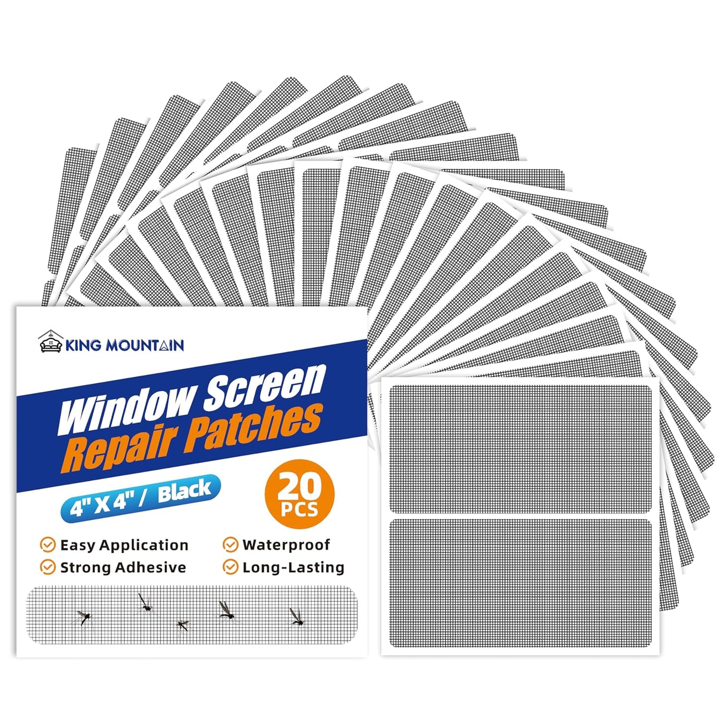 KING MOUNTAIN 20 Sheets Black Window Screen Patches, 44 in Repair Kit for Tears & Holes, Strong Adhesive Mesh Tape, Quick & Waterproof