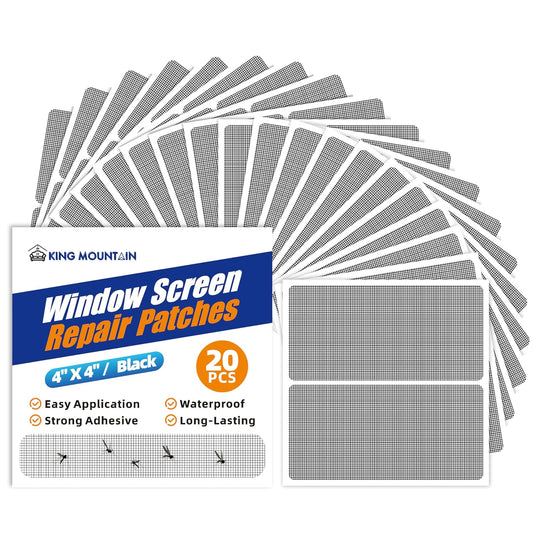 KING MOUNTAIN 20 Sheets Black Window Screen Patches, 44 in Repair Kit for Tears & Holes, Strong Adhesive Mesh Tape, Quick & Waterproof