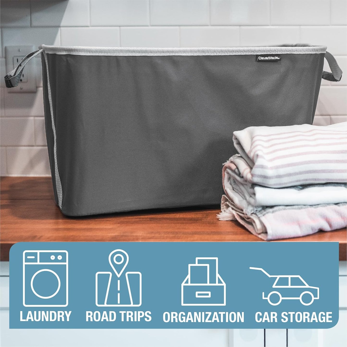 CleverMade Collapsible Laundry Basket Hamper - Denim Shadow Gray 2-Pack 60L - Space Saving Storage Organizer with Handles Foldable Home Organization