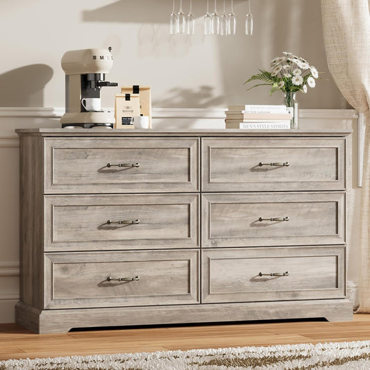 6 Drawer Dresser for Bedroom, 53" Wide Wooden Chest of Drawers, Rustic Farmhouse Dresser with Large Drawers & Metal Handles, Modern Storage Organizer for Closet, Living Room, Hallway, Grey