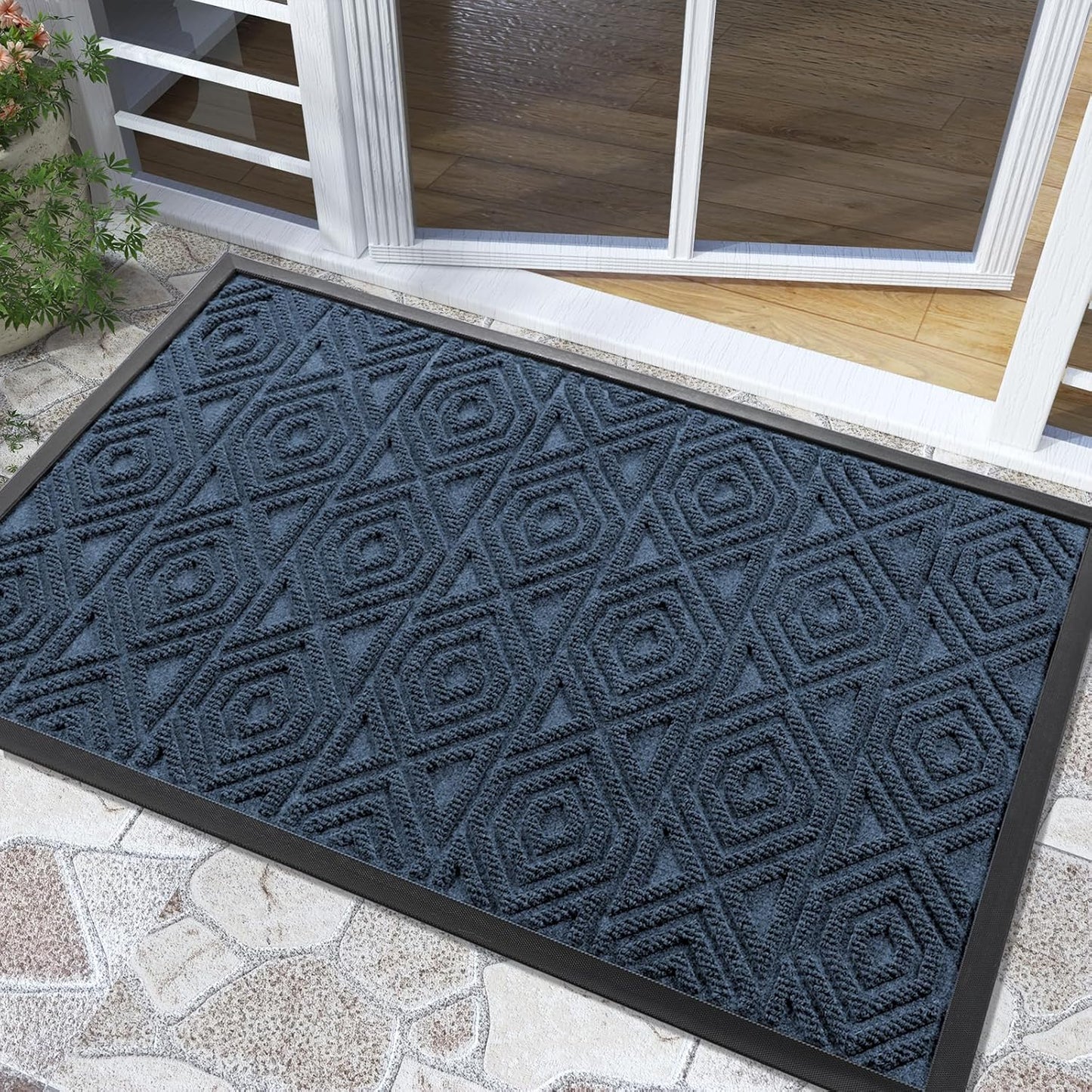 Yimobra Door Mat, Outdoor Indoor Entrance Welcome Mat, Heavy Entry Front Door Mat, Stain & Fade Resistant, Low Profile, Sturdy Rubber, Easy Clean Patio Floor Mat, Waterproof, 36 x 24, Blue