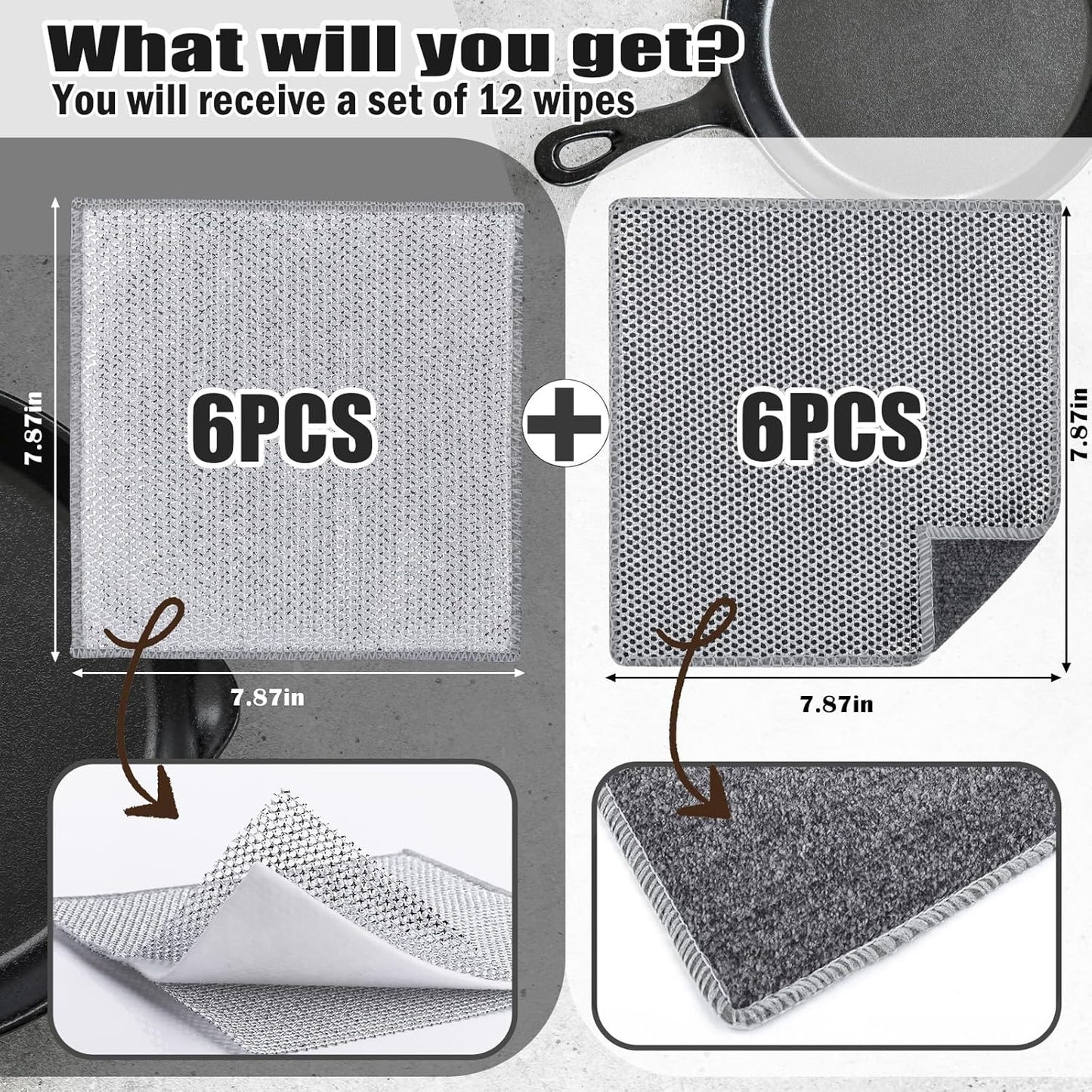 Navona 12Pack Steel Wire Dishcloth, Include 6Pack Triple-Layer Steel Wire Cleaning Cloth, 6Pack Dry and Wet Dual-Use Steel Wire Cleaning Cloth, Powerful Cleaning for Cookware, Sinks, Dishes