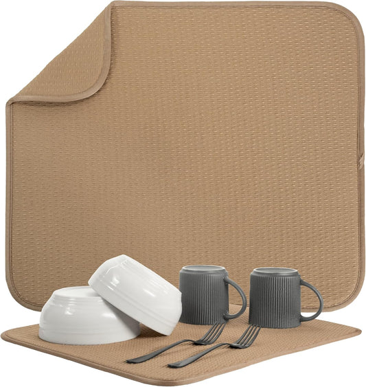 S&T INC. Dish Drying Mat, 16” x 18”, Absorbent Microfiber Kitchen Counter Mat, Drying Pad for Dishes, Utensils, Pots and Pans, Large, Diamond Texture, Almond