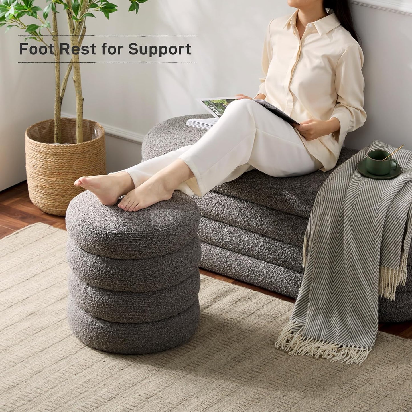 Round Ottoman with Storage Boucle Ottoman Stool Removable Lid for Living Room Modern Upholstered Vanity Storage Stool Foot Rest Bedroom Dorm Gifts Set of 2 (Grey)