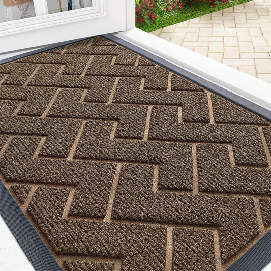 OLANLY Front Door Mat Indoor Outdoor Entrance, Waterproof All-Season, All-Weather Doormat, Sturdy Natural Rubber, Low Profile, Easy Clean Patio Porch Entryway Mat, Herringbone Brick (Brown, 71x47)