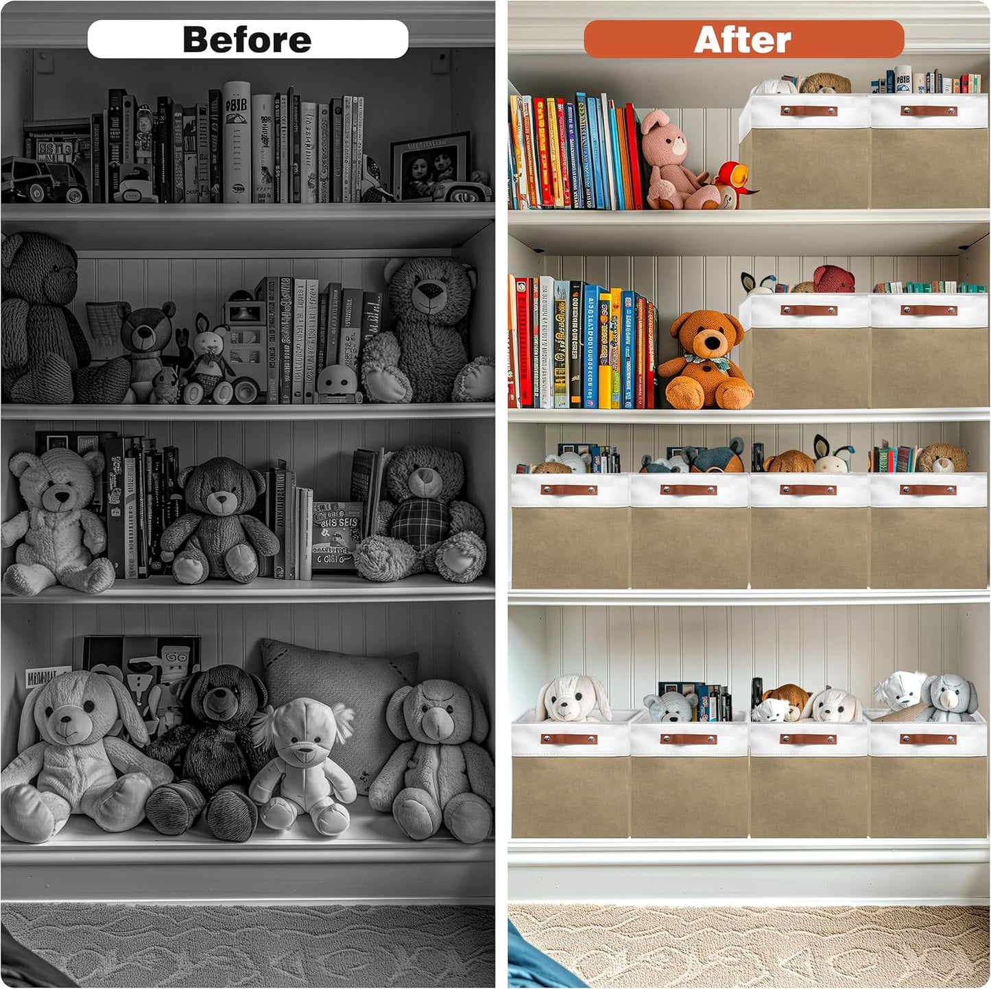 13in Open Fabric Storage Basket with Leather Handles for Organizing, Collapsible Linen Closet Bins for Shelves, Closets, Laundry, Decorative Basket for Gifts. (White＆Khaki, 2PCS/13x13in)