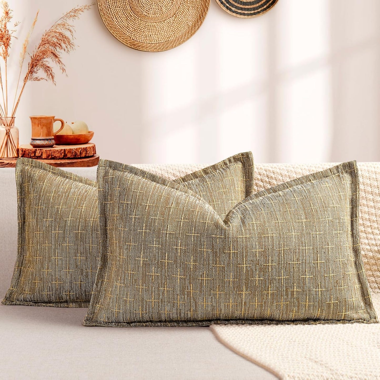 ZWJD 12x20 Pillow Covers Set of 2 Soft Polyester Textured Pillow Covers with Stylish Flange Edge Cozy Farmhouse Throw Pillows for Couch Bed Sofa Living Room