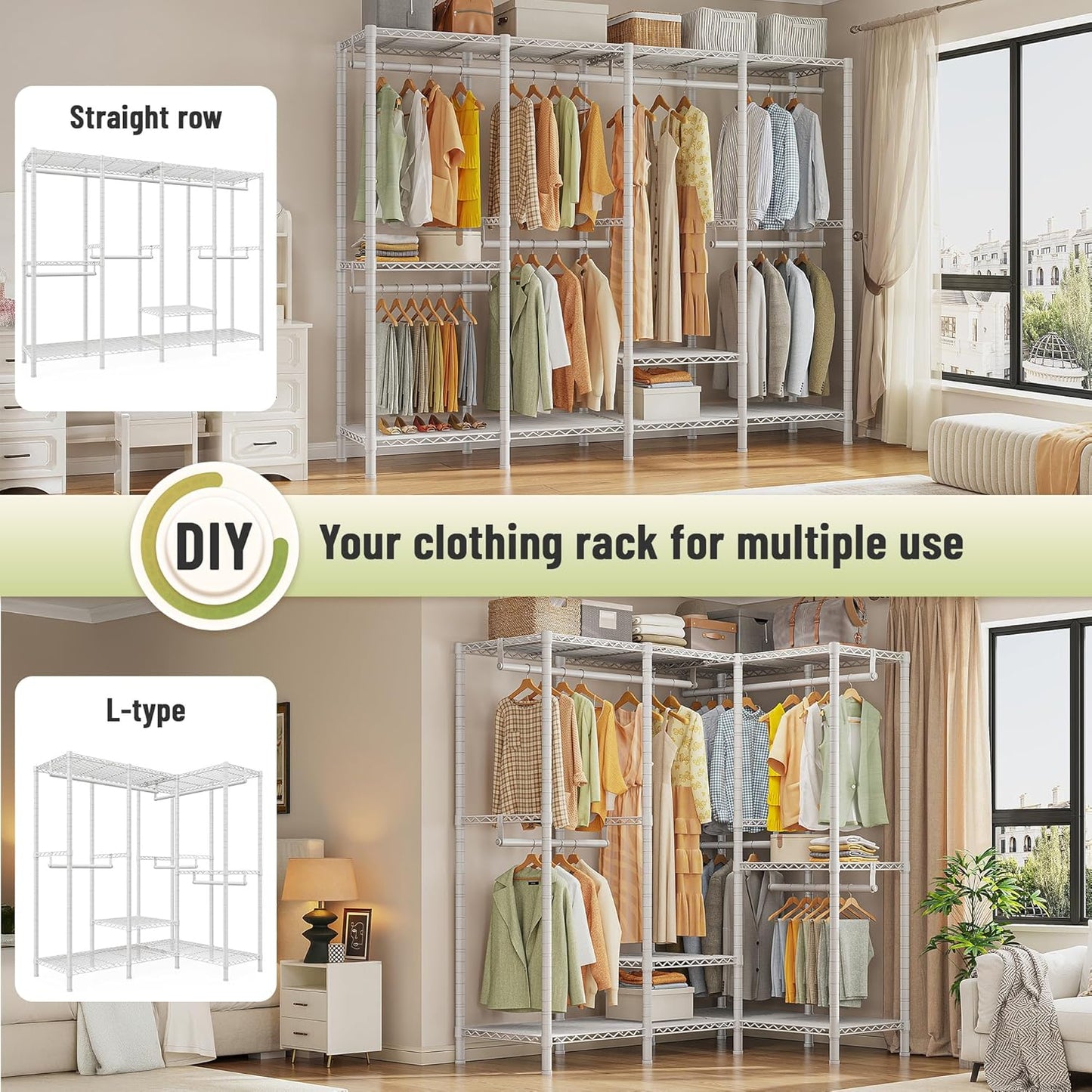 Raybee Heavy Duty Clothes Rack for Hanging Clothes,Clothing Rack with Shelves, Adjustable,76" W x 77" H x 18" D,Max Load 1150lbs,White