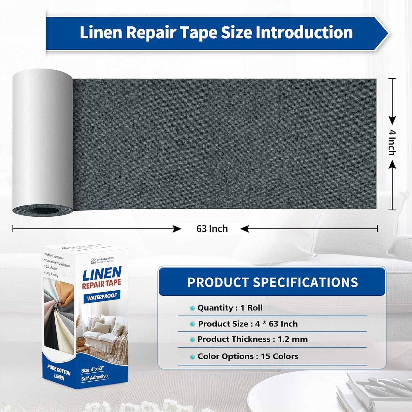 KING MOUNTAIN Linen Repair Patches, Self-Adhesive Fabric Patches, 4 X 63 inch Extra Size, Multi Color, Can be Used for Sofa Repair and Linen Clothes Repair (Charcoal Gray)