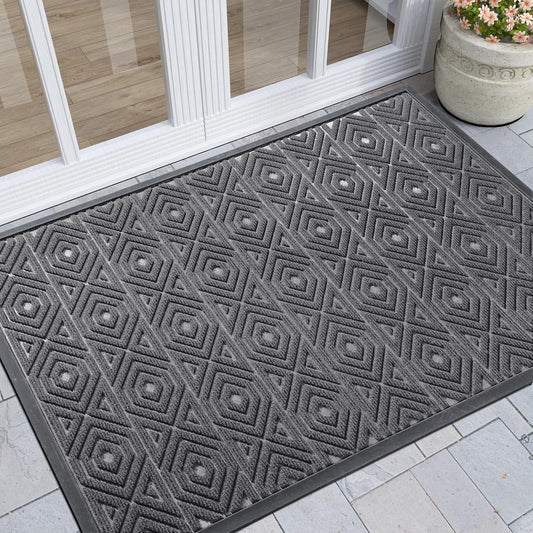 Yimobra Modern Geometric Welcome Doormat, 47 x 32 Inch, Grey, Waterproof, Non Slip, Stain & Fade Resistant, Low Pile, Sturdy Rubber, Easy Clean, Indoor/Outdoor