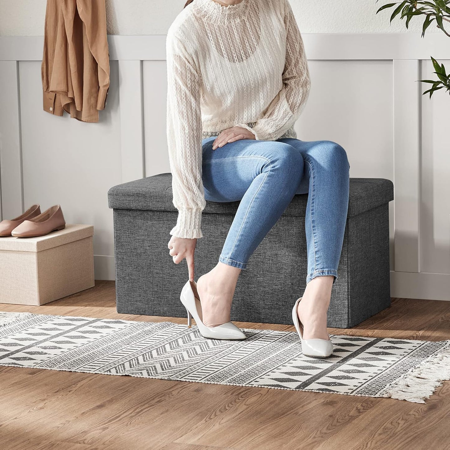 SONGMICS MAZIE Collection - 30 Inches Storage Ottoman, Foldable Storage Bench with Flipping Lid, 660 lb Load Capacity, for Entryway, Living Room, Bedroom, Dark Gray ULSF46GYZ