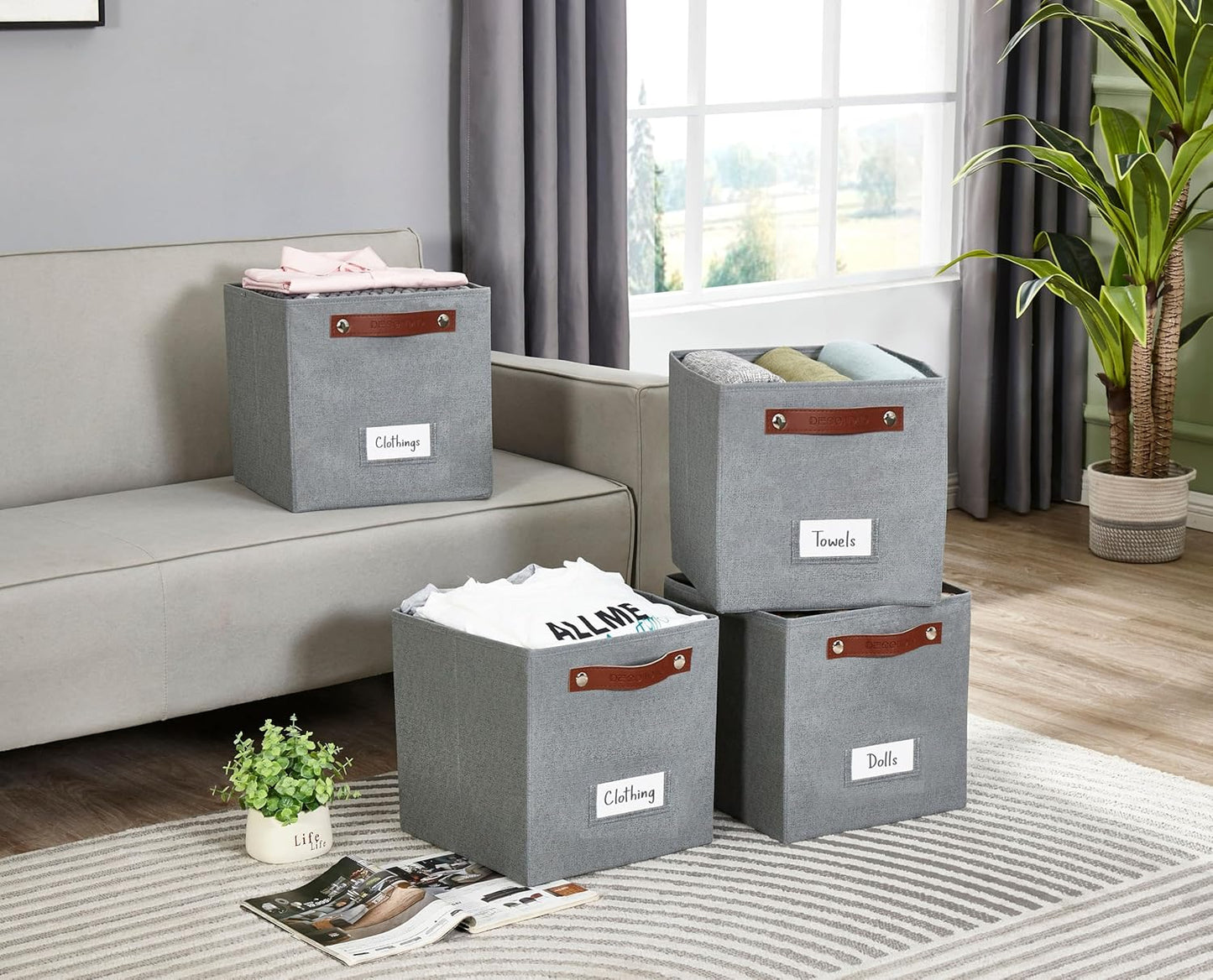DECOMOMO Storage Bins, Cube Storage Bin with Labels, Fabric Storage Cubes for Shelves (11" / 6pcs, Texture Grey)