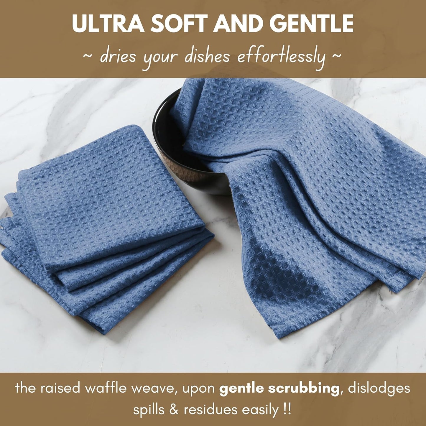 Native Fab Cotton Kitchen Towel with Hanging Loop 16x26 inches, 6-Pack, Waffle Weave Kitchen Towels for Cleaning Drying, Washcloths Soft & Absorbent Cloth Rags, Bar Towel, Dish Cloth, Sky Blue