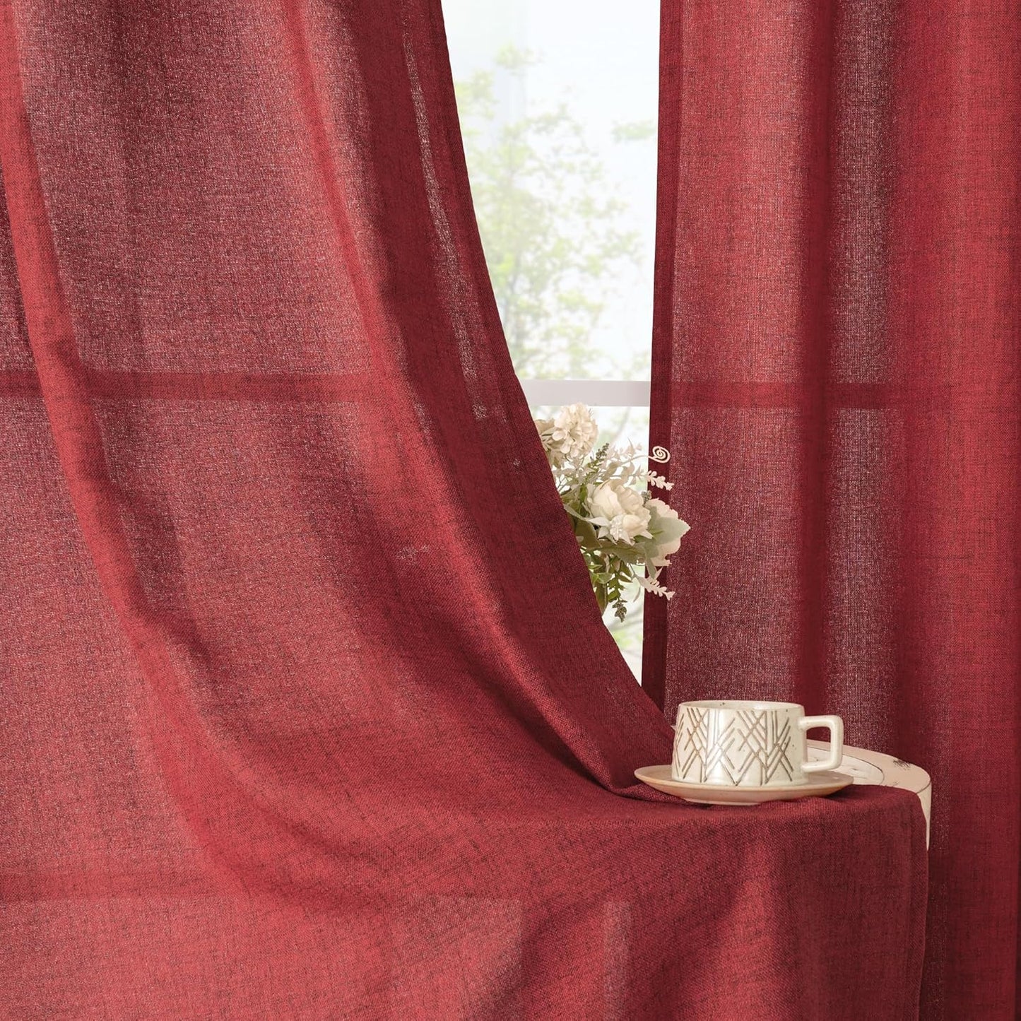 YoungsTex Red Linen Semi Sheer Curtains 78 Inch Length for Living Room, Christmas Light Filtering Window Drapes with Rod Pocket Back Tab for Dining Bedroom, 2 Panels, 52 X 78 Inch