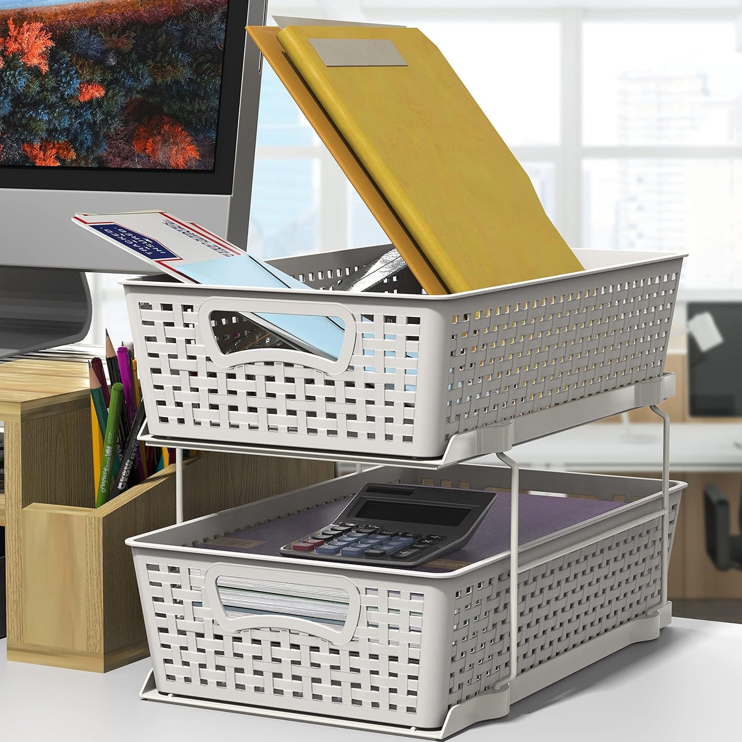 Simple Houseware 2 Tier Bathroom Organizer Tray Pull-Out Sliding Drawer/Under-Sink Storage, White