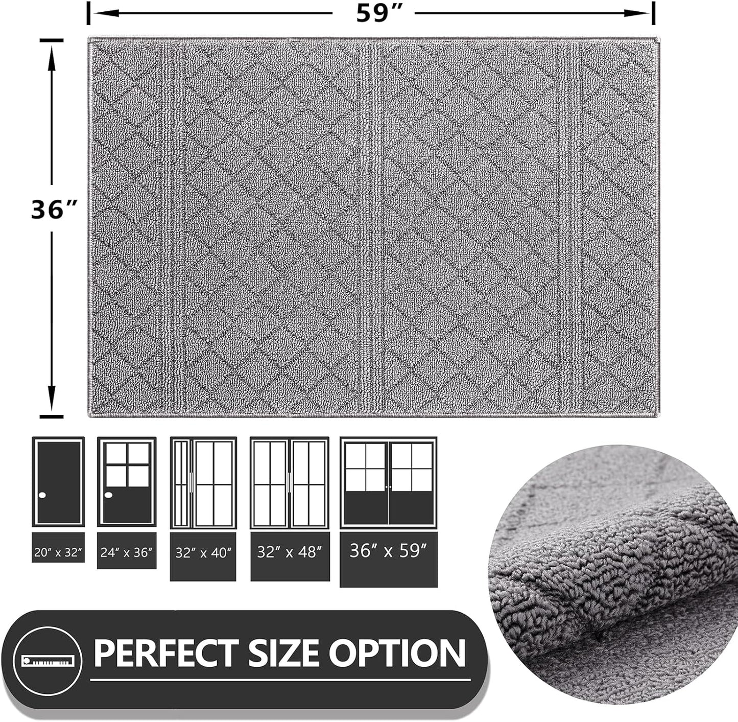 REFETONE Indoor Doormat, Front Back Door Mat 36"x59" Absorbent Rubber Backing Non Slip Door Mats, Low-Profile Resist Dirt Rugs, Machine Washable Door Rug Inside Floor Mat for Entryway, Light Grey