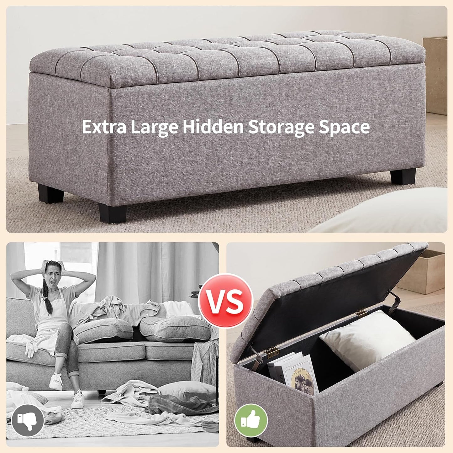 Ottoman with Storage 38 inches, Furniture End of Bed Storage Benches, Long Ottomans Bench with hinged lid, Bench seat Trunk for Foot Rest in Bedroom, Living Room (Gray)