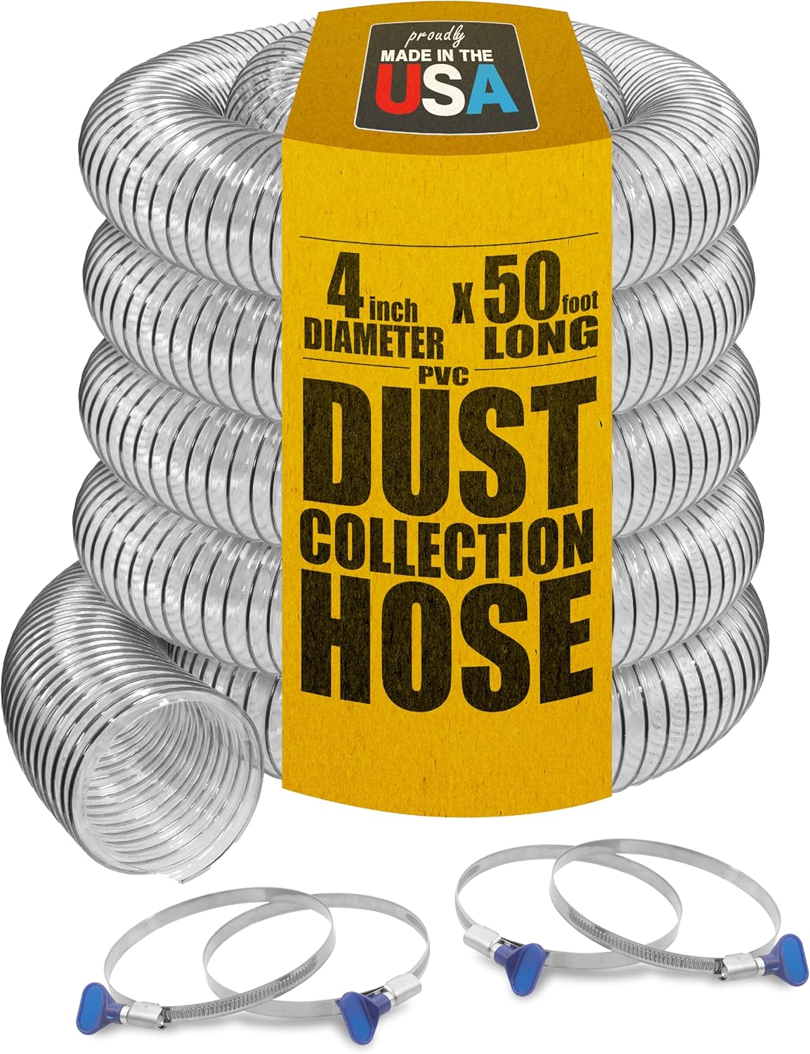 PVC Dust Collection Hose w/4 Thumbscrew Clamps, Puncture Resistant, Carbon Steel Wire, Clear Flexible PVC Dust Collector Hose, Proudly Made in USA (4" x 50')