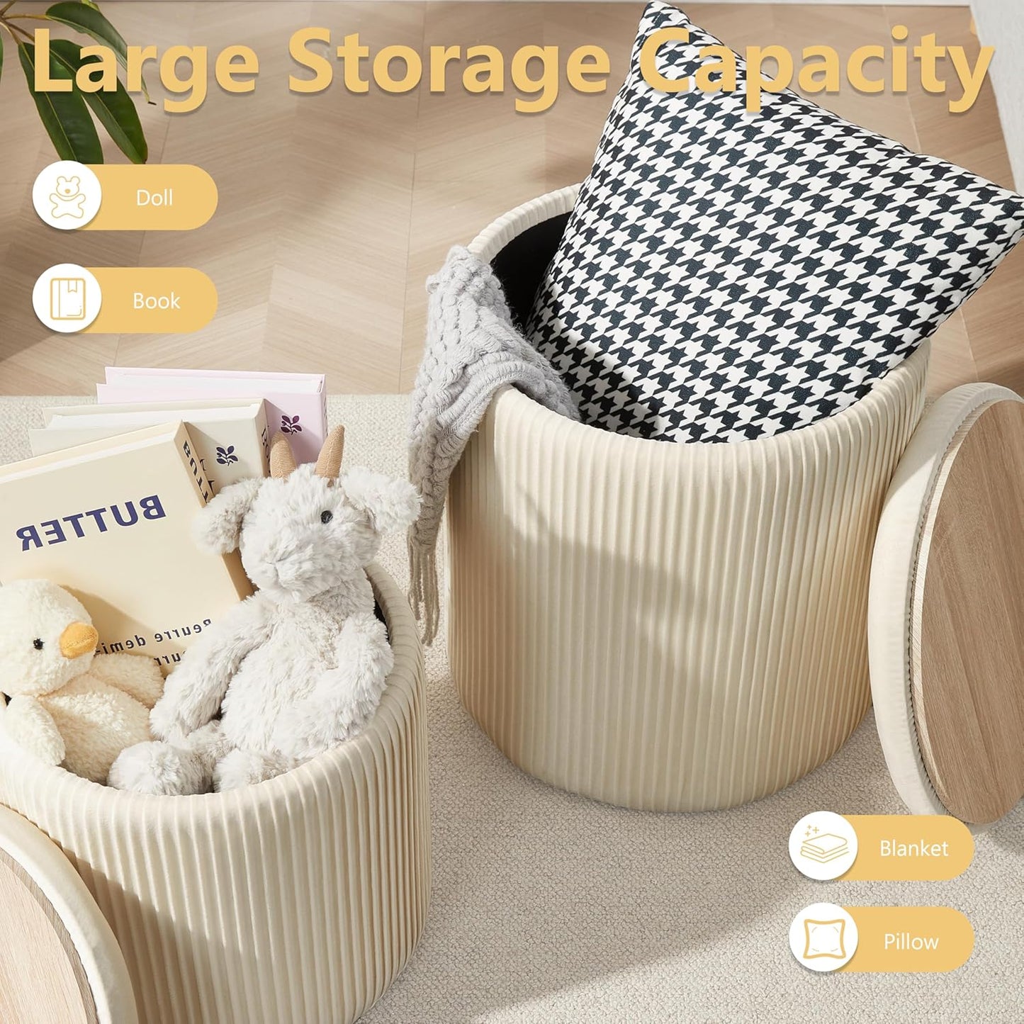 Round Ottoman with Storage Set of 2,Vanity Stool with Storage for Bedroom, Ottoman Coffee Table,Small Velvet Foot Stool for Living Room, Beige