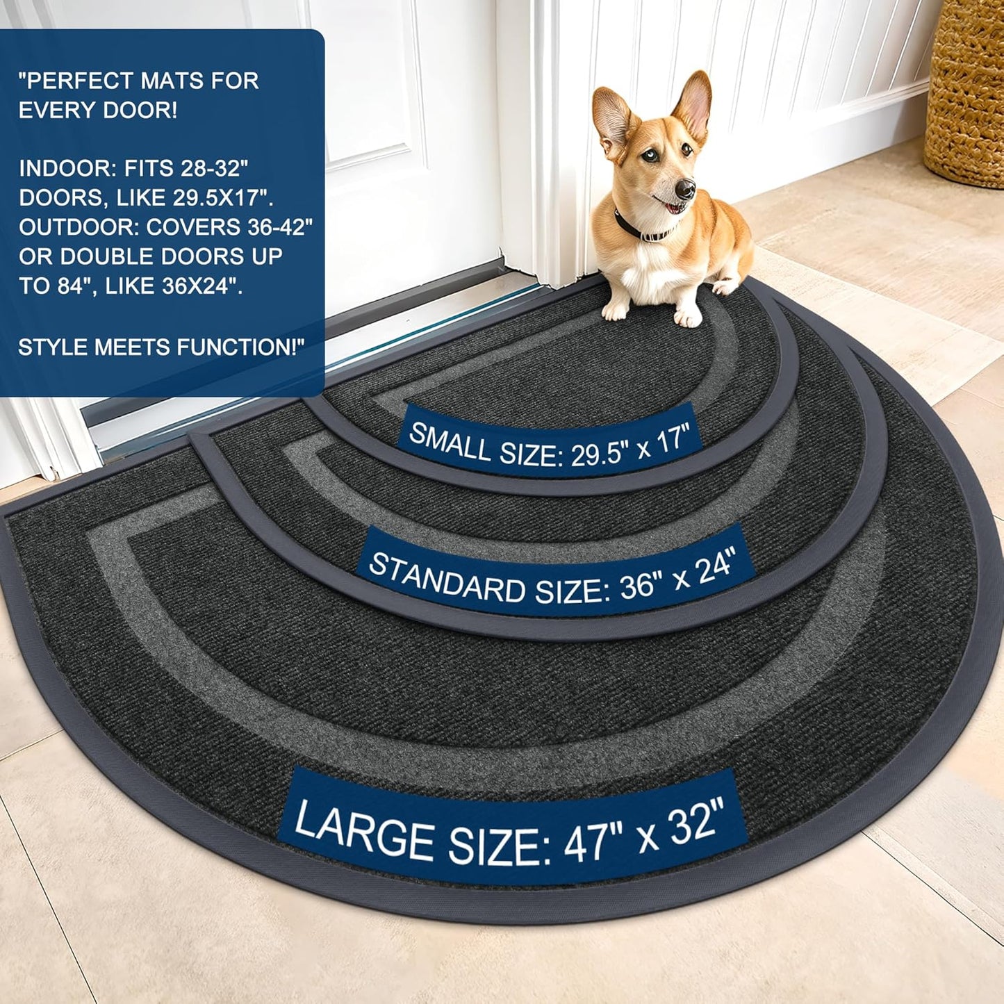OLANLY Half Circle Door Mat Indoor Outdoor Entrance Welcome, Waterproof All-Season, All-Weather Doormat, Sturdy Natural Rubber, Low Profile, Easy Clean Patio Porch Entryway Mat, 47x32, Black