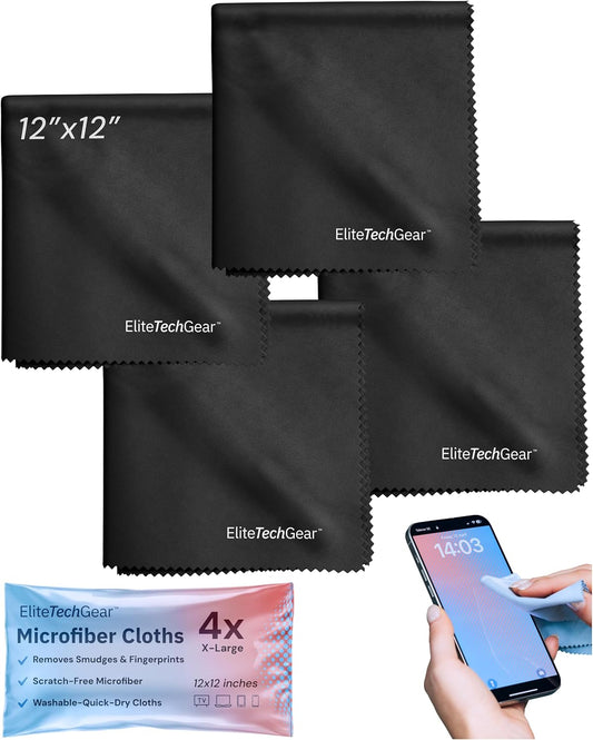 Elite Screens Microfiber Cleaning Cloth for Glasses & Electronics - 12" x 12", Pack of 4, Black - Lens Wipes, Eyeglass Cleaning Wipes & Lens Cloth for Smudge-Free Screens