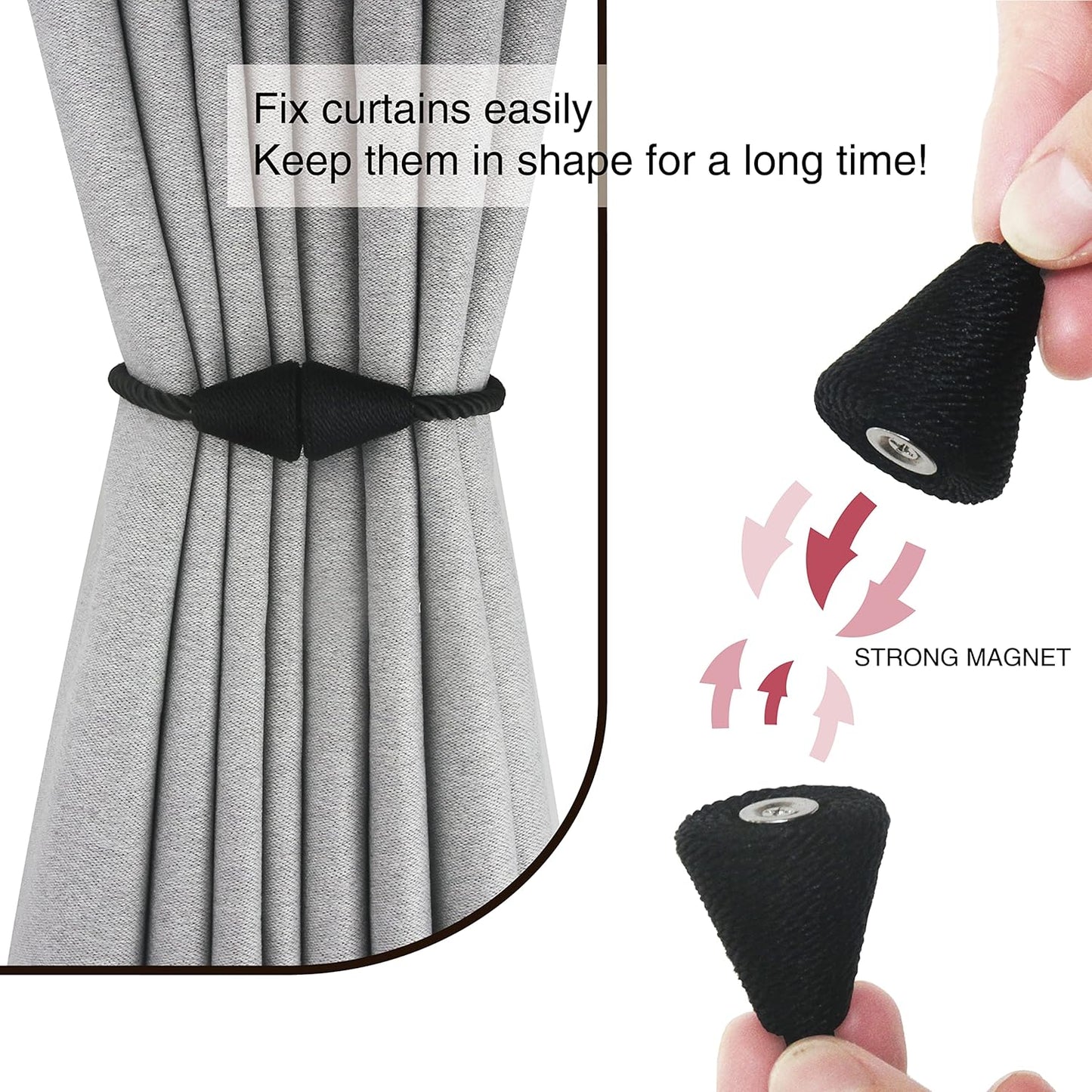 4 Pack Magnetic Curtain Tiebacks Rope Modern Handmade Curtain Tie Backs Decorative Drapes Weave Holdbacks for Window Décor, Black