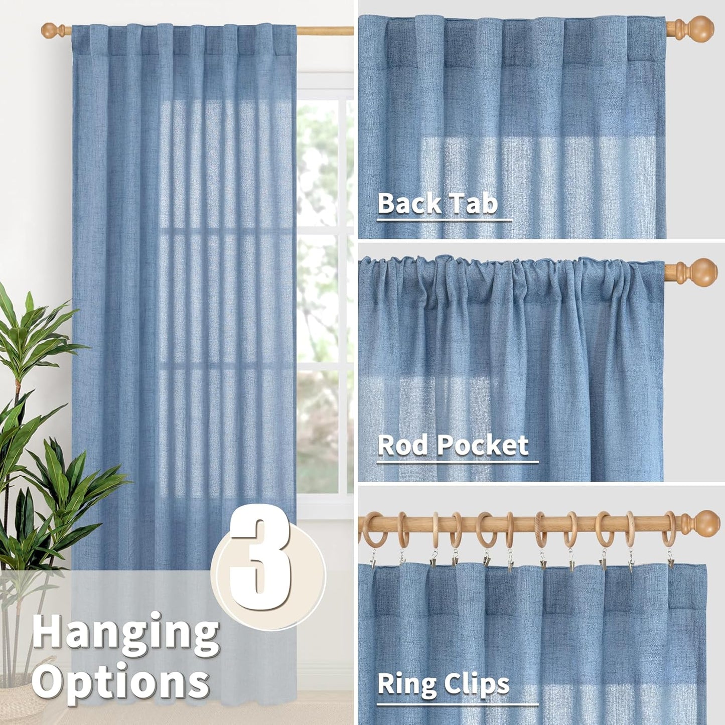 YoungsTex Denim Blue Linen Curtains 36 Inch Length for Kitchen Cafe Window, Small Half Window Drapes with Rod Pocket Back Tab Light Filtering for Bathroom, 2 Panels, 30 X 36 Inch