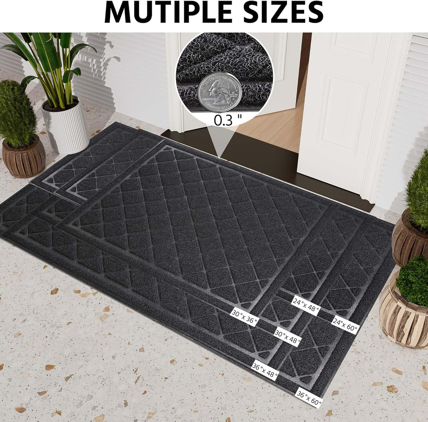Front Door Mat Outside Entrance, 24" x 60" Heavy Duty All-Season All-Weather Waterproof Doormat Trap Dirt and Moisture Easy Clean Low Profile Patio Porch Entryway Mat
