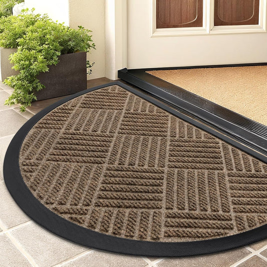 Smiry Half Circle Front Door Mat Outside Entrance, Heavy Duty Outdoor Indoor Natural Rubber Doormat, Non Slip, Trap Dirt and Moisture, Easy Clean, Low Profile Patio Porch Entryway Mat, 29.5x17, Brown