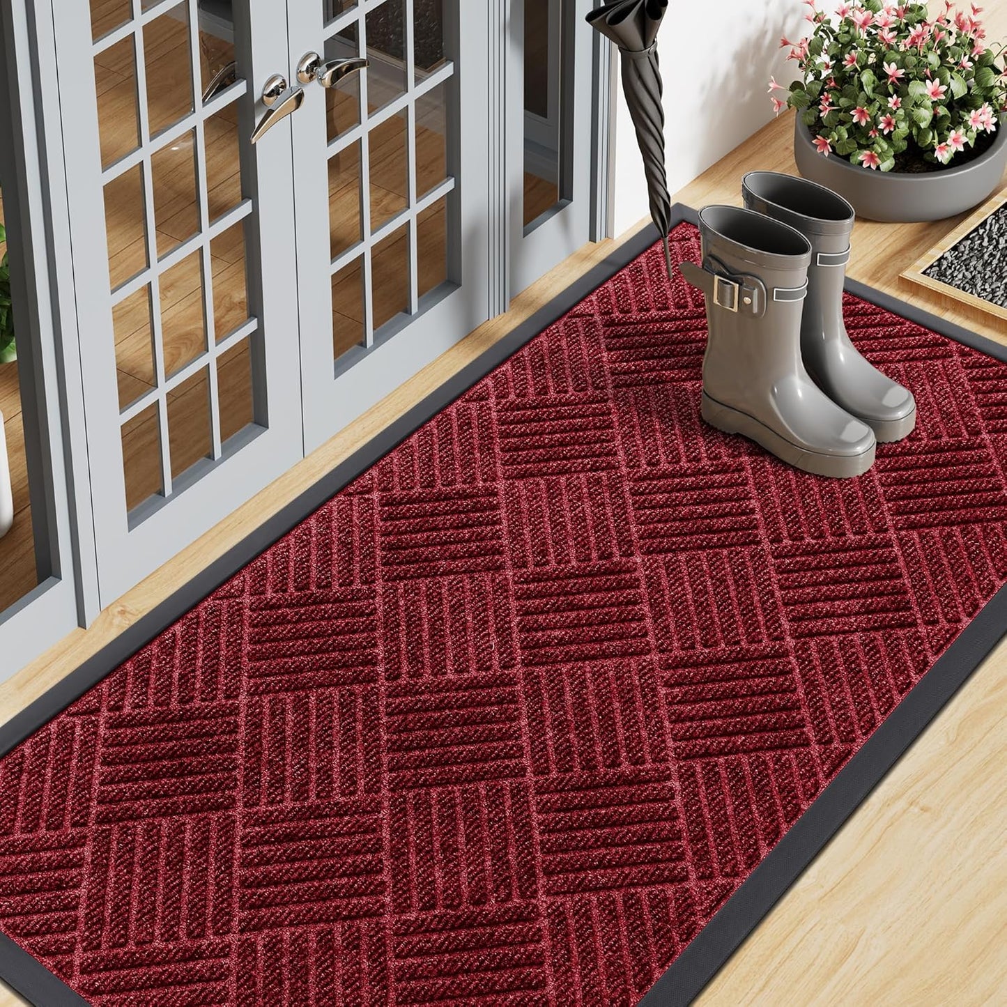 Smiry Front Door Mat Outside Entrance, Heavy Duty Outdoor Indoor Mat, Natural Rubber Doormat, Non Slip, Trap Dirt and Moisture, Easy Clean, Low Profile Patio Porch Entryway Mat, 47x23, Wine Red