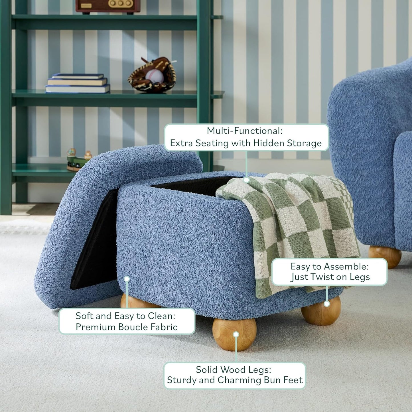 Walker Edison Linley Contemporary Small Storage Bouclé Ottoman with Wood Legs, Soft Blue