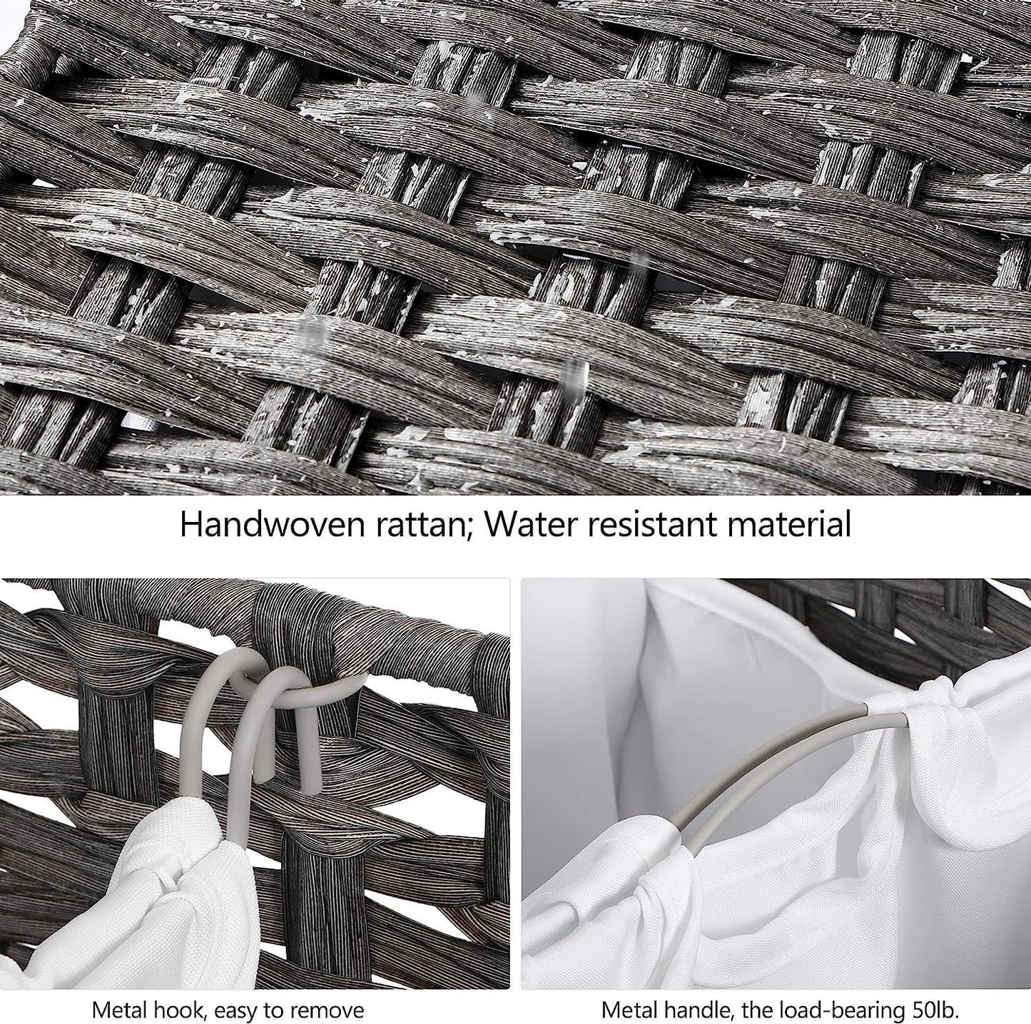 Laundry Hamper with 4 Removable Liner Bags; 176L Handwoven Rattan Laundry Basket with Lid & Heightened Feet; Clothes Hamper with Side Handles(Gray)