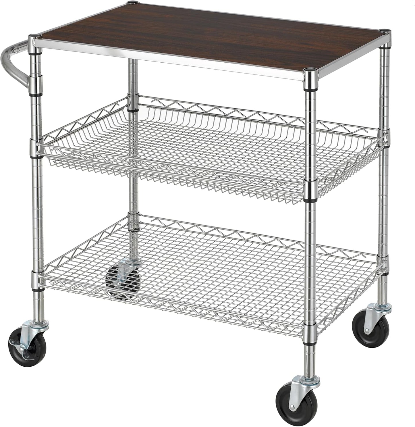 Finnhomy 3 Tier Heavy Duty Commercial Grade Utility Cart with Wood Top, Wire Rolling Cart with Wheels and Handle Bar, Kitchen Carts on Wheels, Metal Cart with 600 LBS Capacity, Chrome
