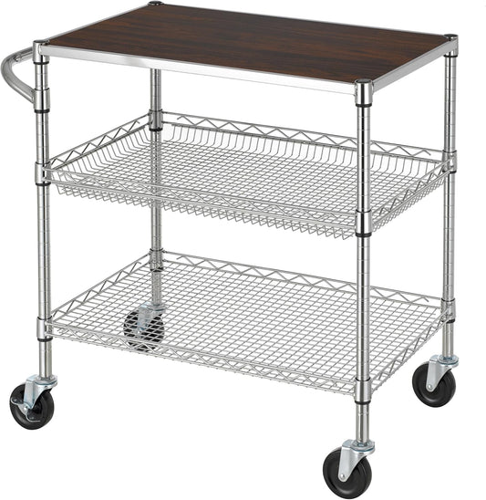 Finnhomy 3 Tier Heavy Duty Commercial Grade Utility Cart with Wood Top, Wire Rolling Cart with Wheels and Handle Bar, Kitchen Carts on Wheels, Metal Cart with 600 LBS Capacity, Chrome