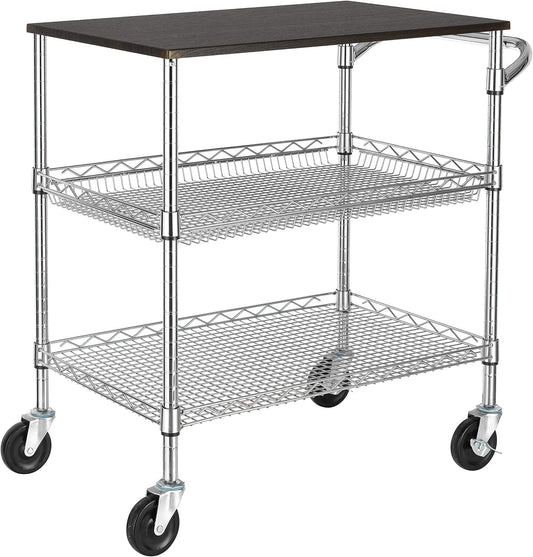 Finnhomy 3 Tier Heavy Duty Commercial Grade Utility Cart with Wood Top, Wire Rolling Cart with Handle Bar, Steel Service Cart with Wheels, Utility Shelf Food Storage Trolley, NSF Listed
