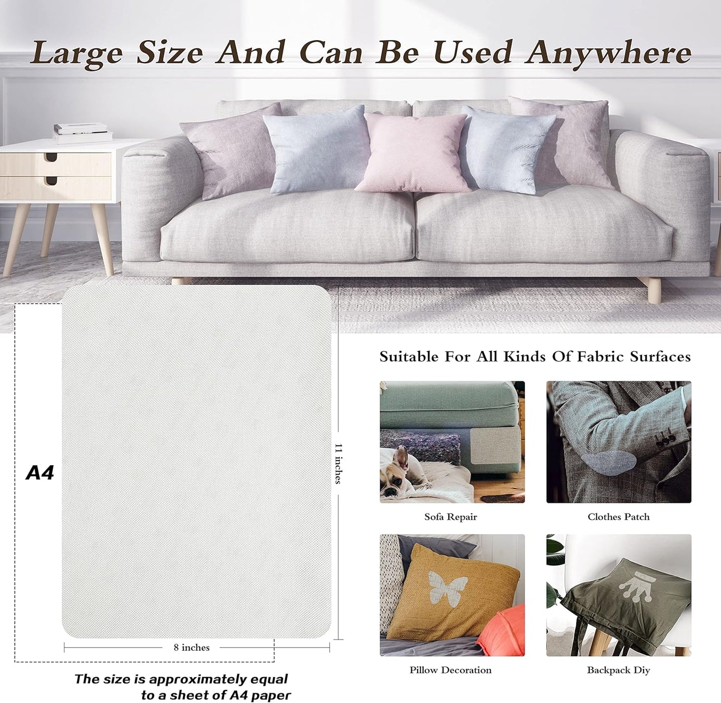 Self-Adhesive Fabric Patches for Sofa and Clothes Repair, 8X11 inch 2 PCS, Multi Color, (8" x 11"-2PCS, White)