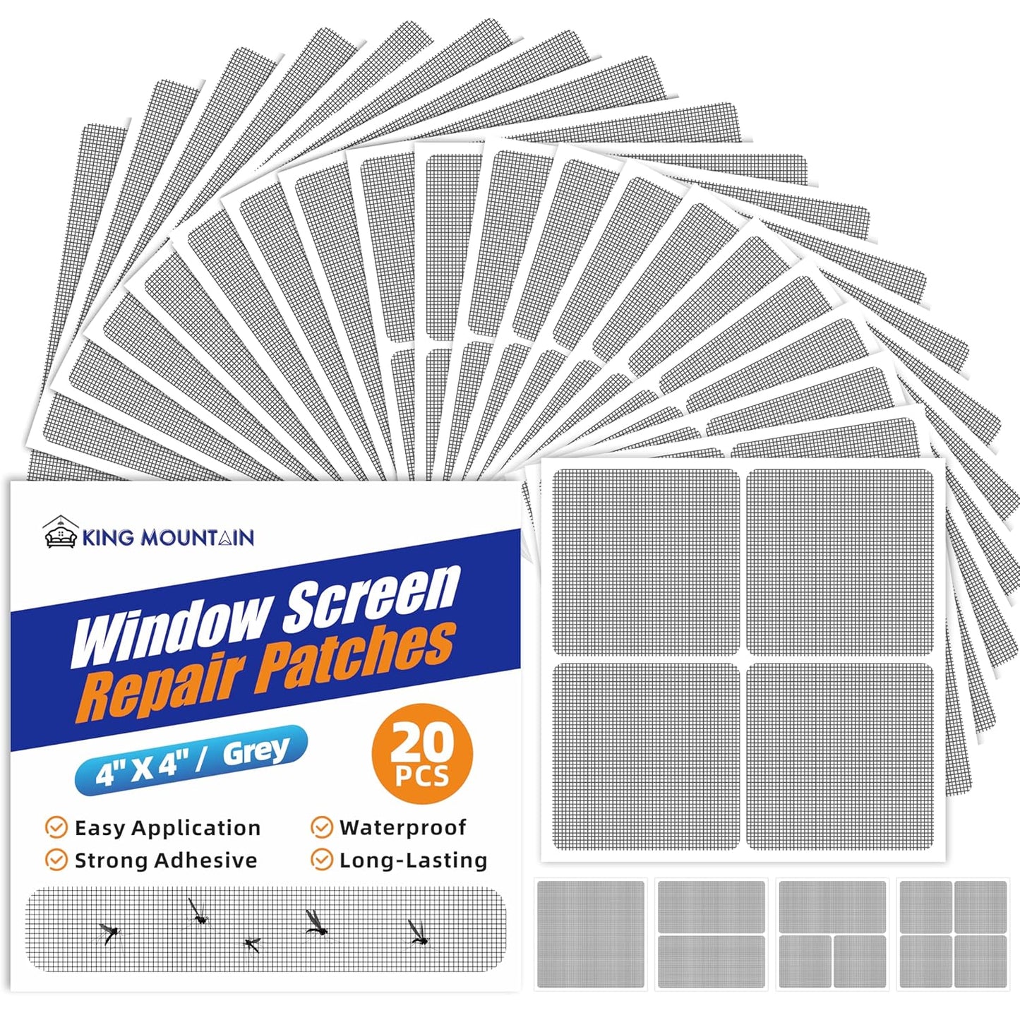 KING MOUNTAIN Grey Window Screen Repair Patch, 20Pcs 4" x 4" Heavy Duty Screen Repair Tape for Window Screen and Screen Door Tears Holes,Strong Adhesive & Waterproof Window Screen Repair Kit