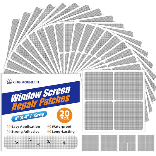 KING MOUNTAIN Grey Window Screen Repair Patch, 20Pcs 4" x 4" Heavy Duty Screen Repair Tape for Window Screen and Screen Door Tears Holes,Strong Adhesive & Waterproof Window Screen Repair Kit