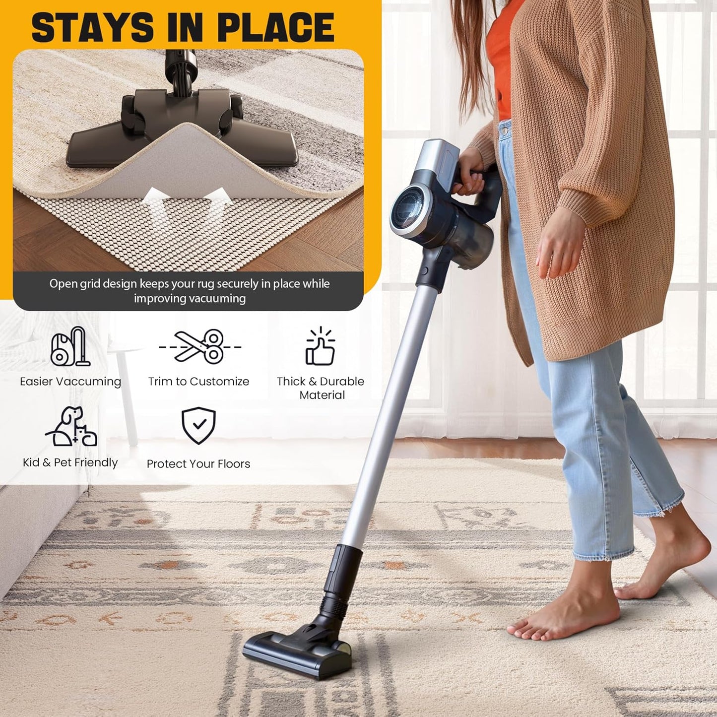 Non-Slip Rug Pad Gripper 2.5x14 Feet, Anti Skid Mat for Under Area Rugs, Keeps Rugs in Position and Safe, Thick Cushioned Carpet Pad for Hardwood Floors Protection