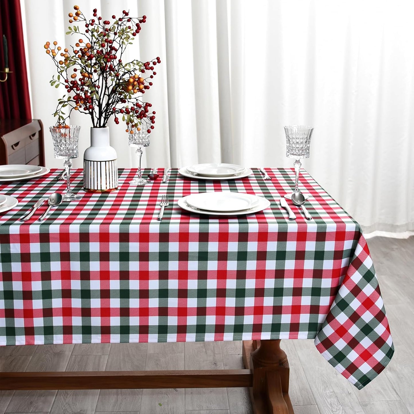 Waterproof Checkered Tablecloth Fabric - Rectangle 58x84 Inch Christmas Plaid Table Cloth for Indoor/Outdoor Use - Xmas Table Cover for Kitchen, BBQs, and Parties