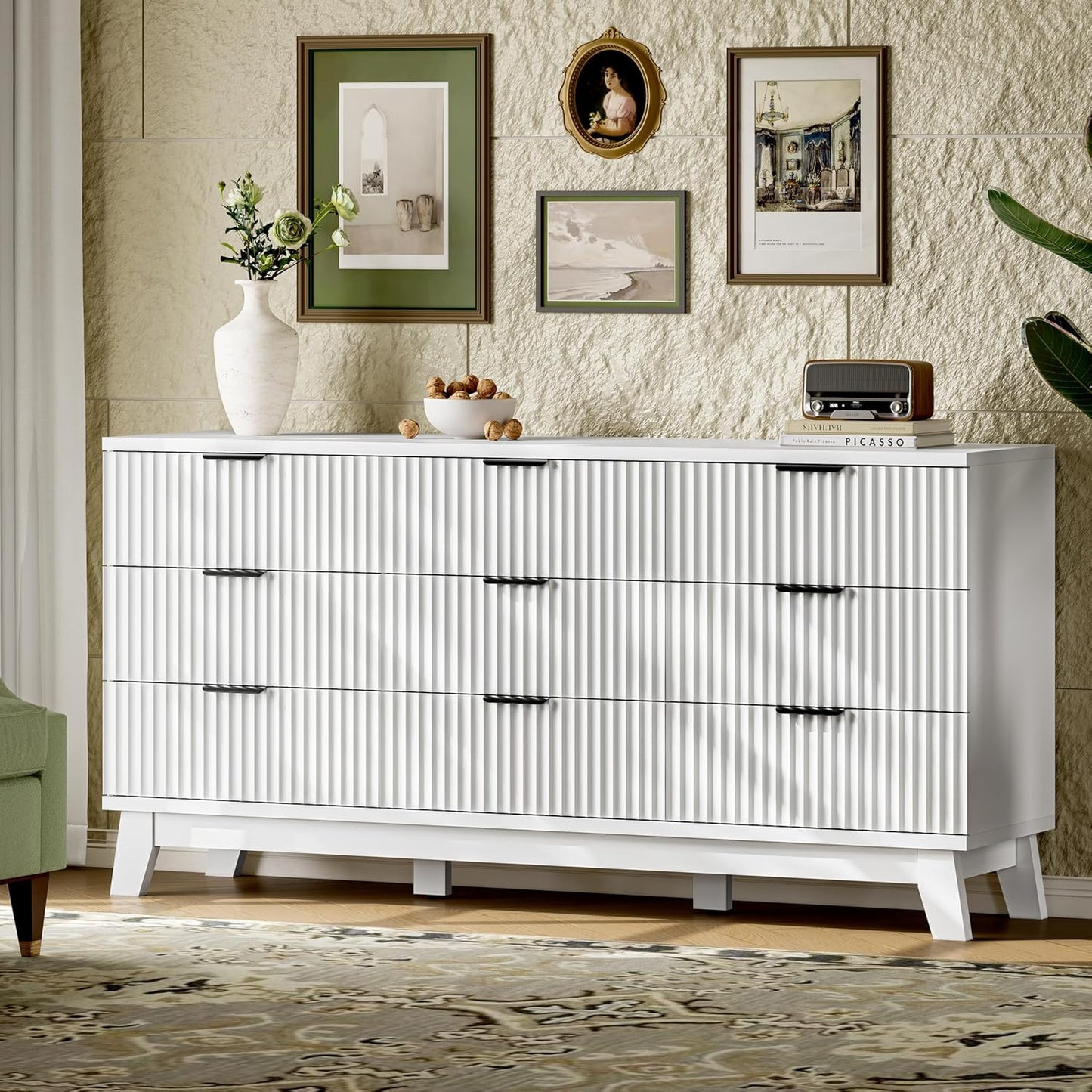 Fluted Dresser with 9 Drawers, 63" Wide Modern Chest of Drawers with Metal Handle, Wooden Dresser TV Stand, Wood Closet Clothes Storage Organizer for Bedroom, Living Room, Hallway, Solid White