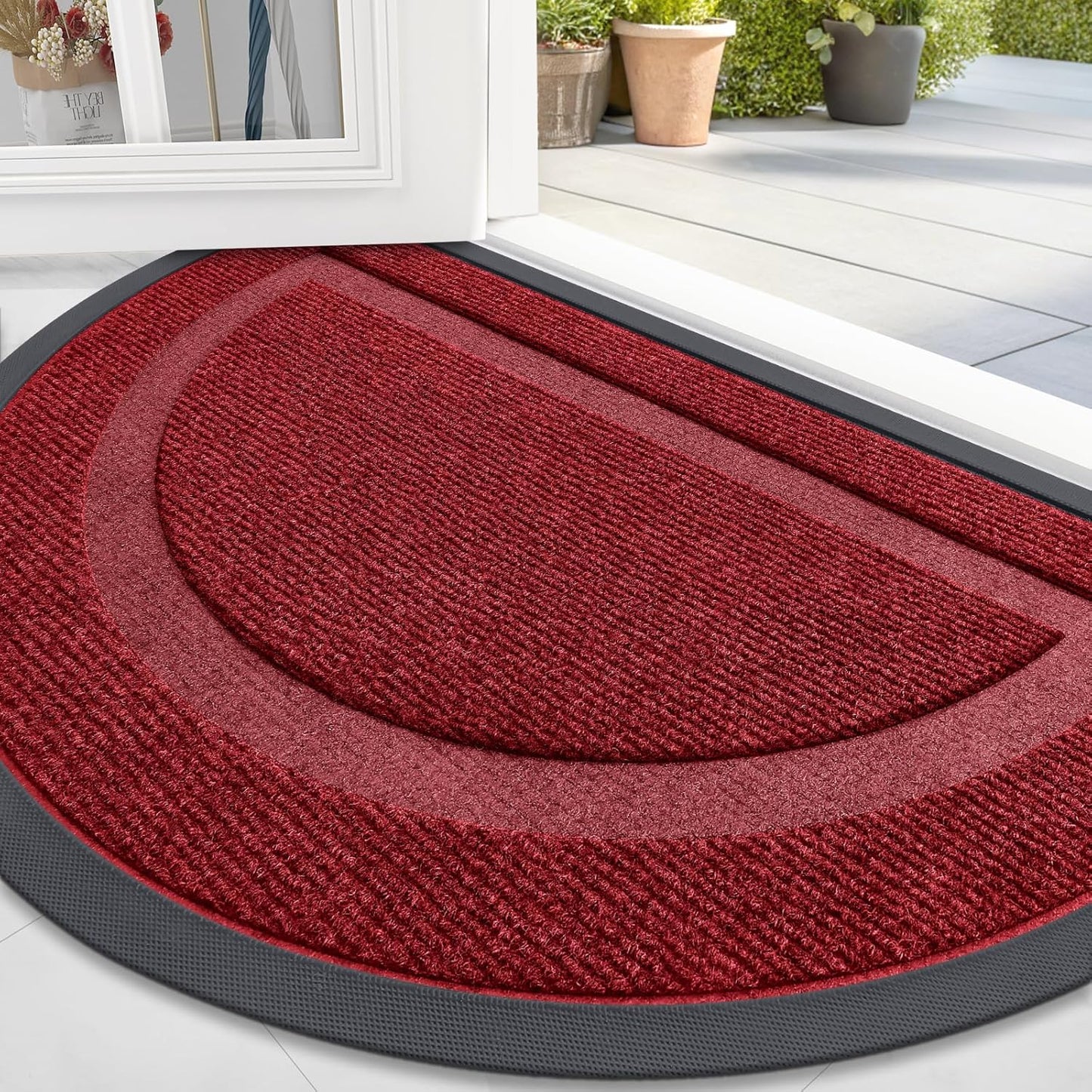 OLANLY Half Circle Door Mat Indoor Outdoor Entrance Welcome, Waterproof All-Season, All-Weather Doormat, Sturdy Natural Rubber, Low Profile, Easy Clean Patio Porch Entryway Mat, 47x32, Wine Red