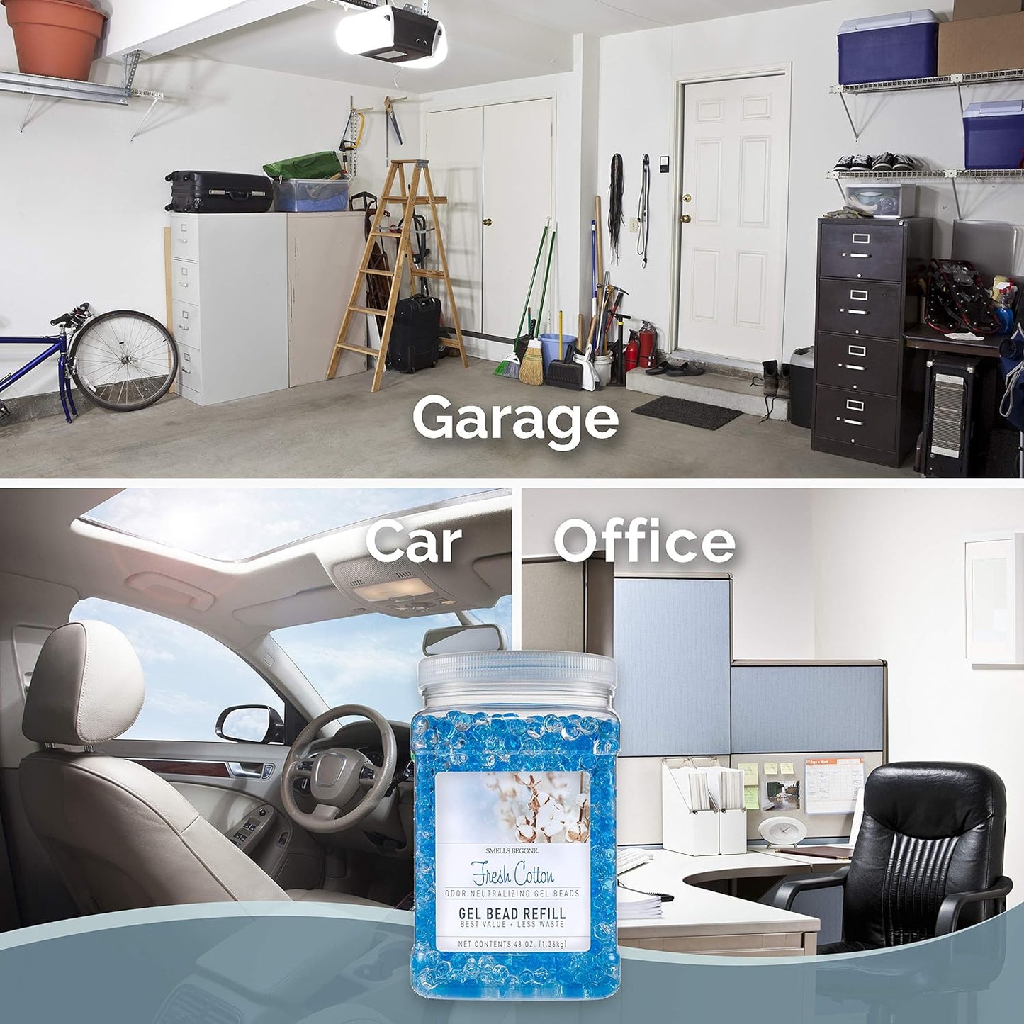 SMELLS BEGONE 48 oz Odor Eliminator Gel Bead Refill - Eliminates Odors from Bathrooms, Cars, Boats, RVs & Pet Areas - Made with Essential Oils - Fresh Cotton Scent