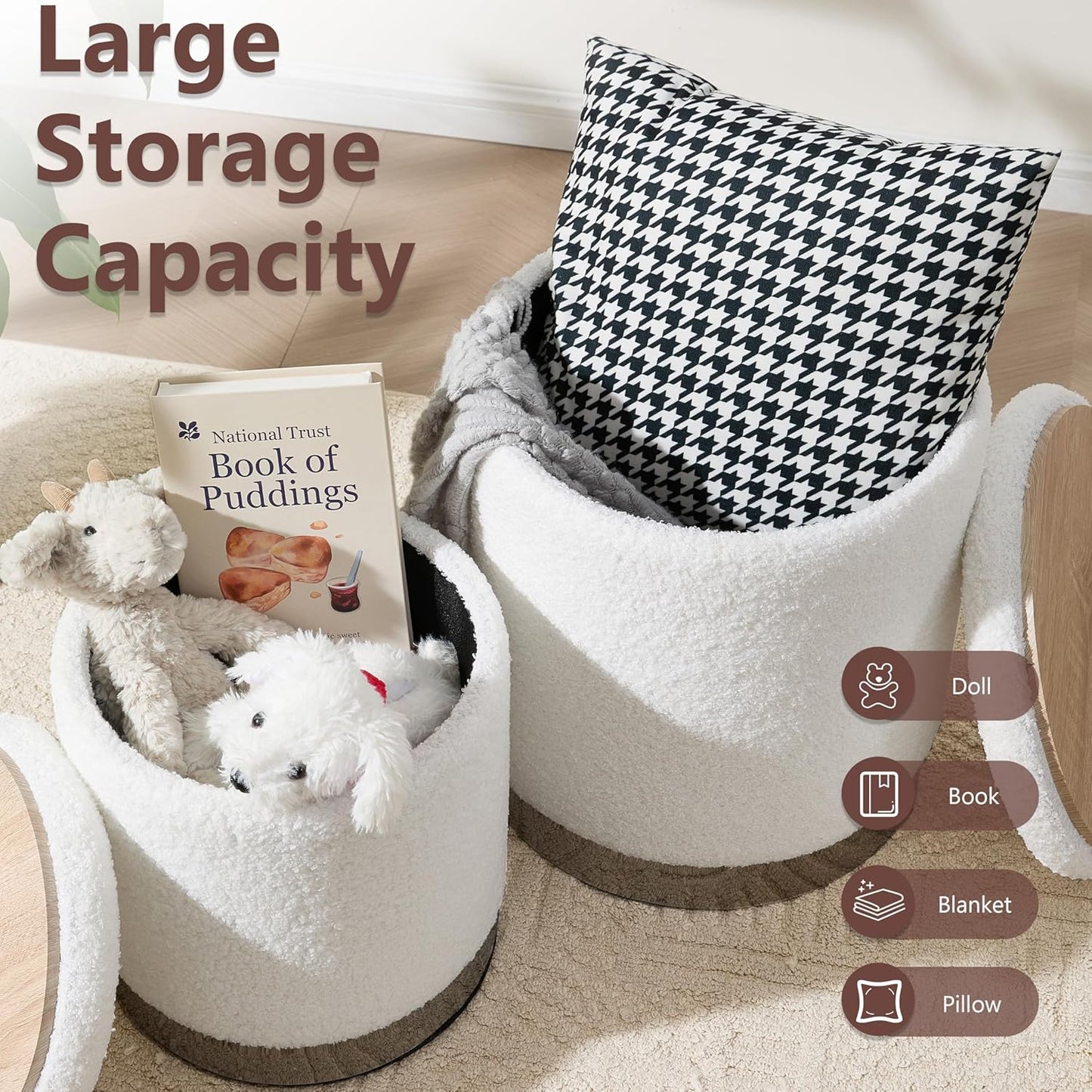 Royal Windsor Boucle Round Ottoman with Storage Set of 2, Vanity Stool with Storage for Bedroom, Ottoman Coffee Table Silver-Tone Ring Around The Base, Small Foot Stool for Living Room, White