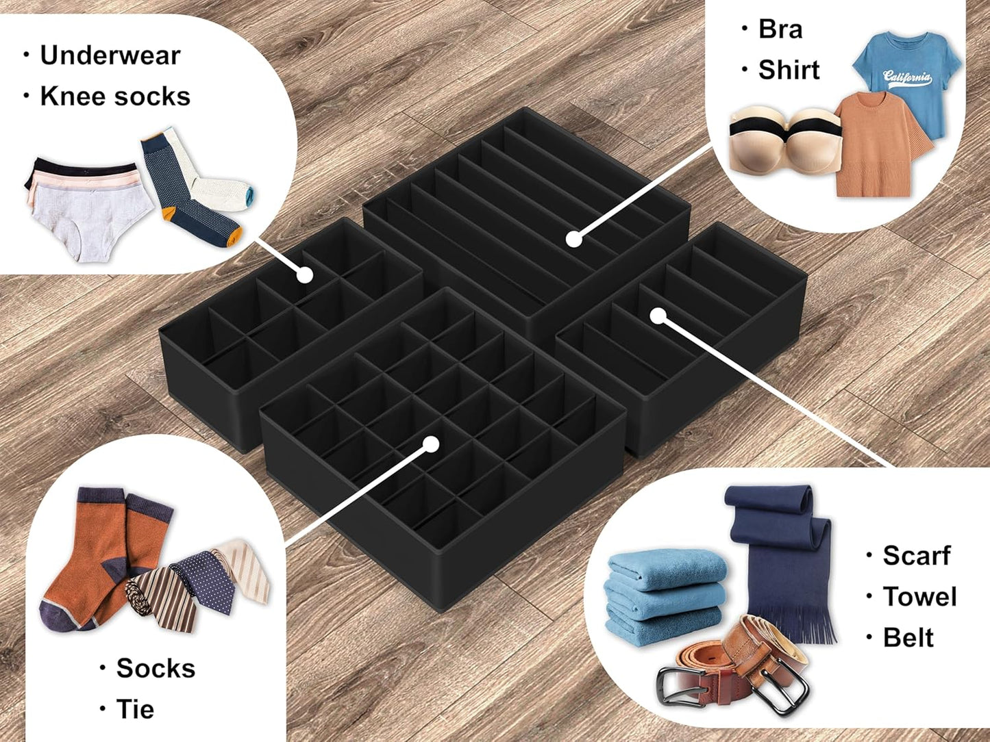 Simple Houseware 4-Pack Drawer Organizer Set - Closet Dividers for Underwear, Socks, Bras, Scarves, Ties - Foldable Non-Woven Storage Boxes, Black