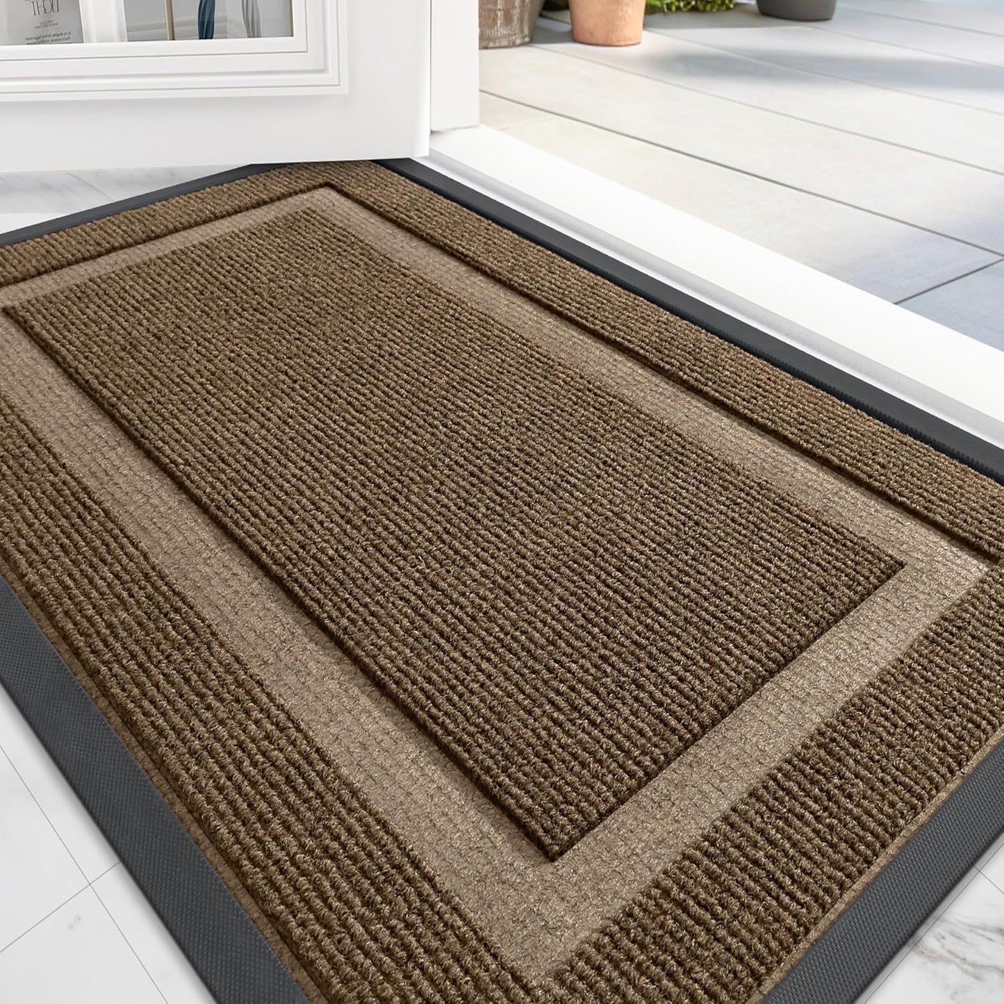 OLANLY Front Door Mat Indoor Outdoor Entrance, Waterproof All-Season, All-Weather Doormat, Sturdy Natural Rubber, Fade Resistant, Low Profile, Easy Clean Patio Porch Entryway Mat, 47x24, Brown
