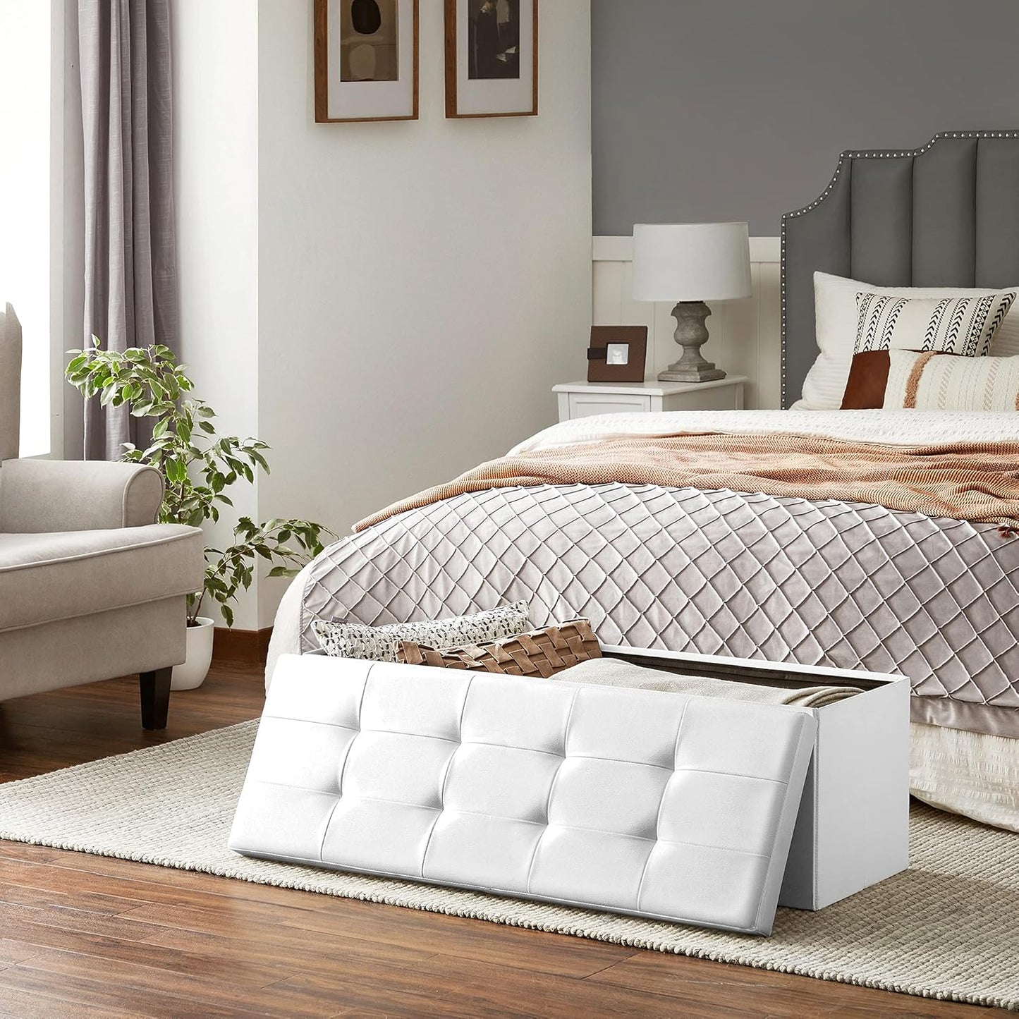 SONGMICS MAZIE Collection - 43 Inches Storage Ottoman Bench with Flipping Lid, Storage Chest with Iron Frame Support, Load 660 lb, for Living Room, Bedroom, Synthetic Leather, White ULSF75WT