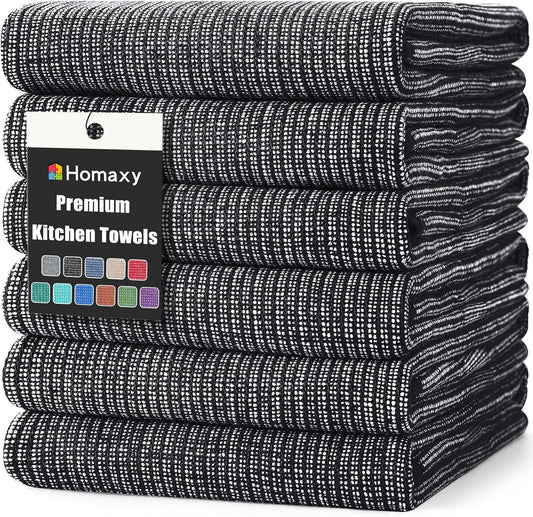 Homaxy Premium Kitchen Towels(18”x 28”, 6 Pack), Large Cotton Kitchen Hand Towels, Flat and Terry Dish Towels, 380 GSM Highly Absorbent Tea Towel Set with Hanging Loop, Black