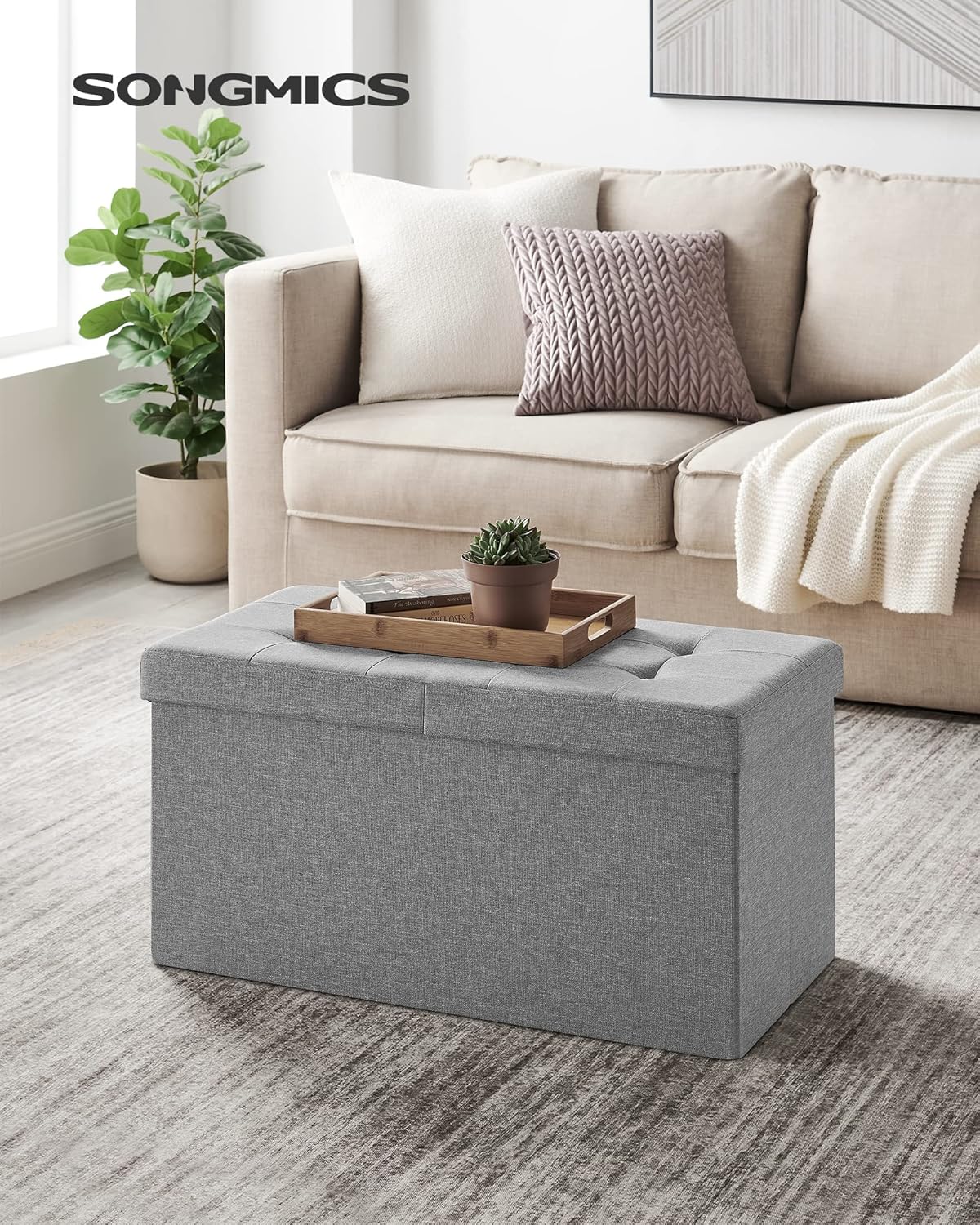 SONGMICS Mazie Collection - 30 Inches Storage Ottoman, Foldable Storage Bench with Flipping Lid, 660 lb Load Capacity, for Entryway, Living Room, Bedroom, Light Gray ULSF41G