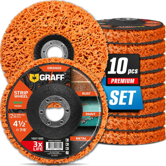 4.5 Inch Paint Stripping Disc - Rust Remover Wheel, Abrasive Discs Rust, Oxidation, Paint Remover Stripper Discs - Coarse Strip Discs 4 1/2 for Angle Grinder GRAFF 10 Packs (7/8" Arbor)